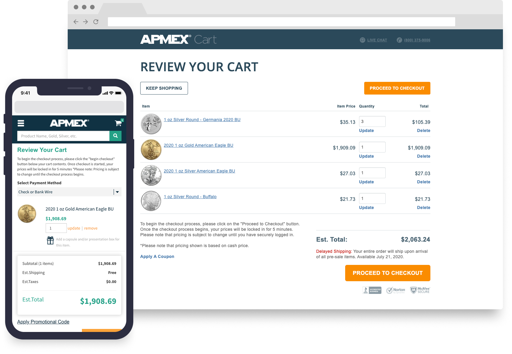 The checkout process for APMEX, inc.