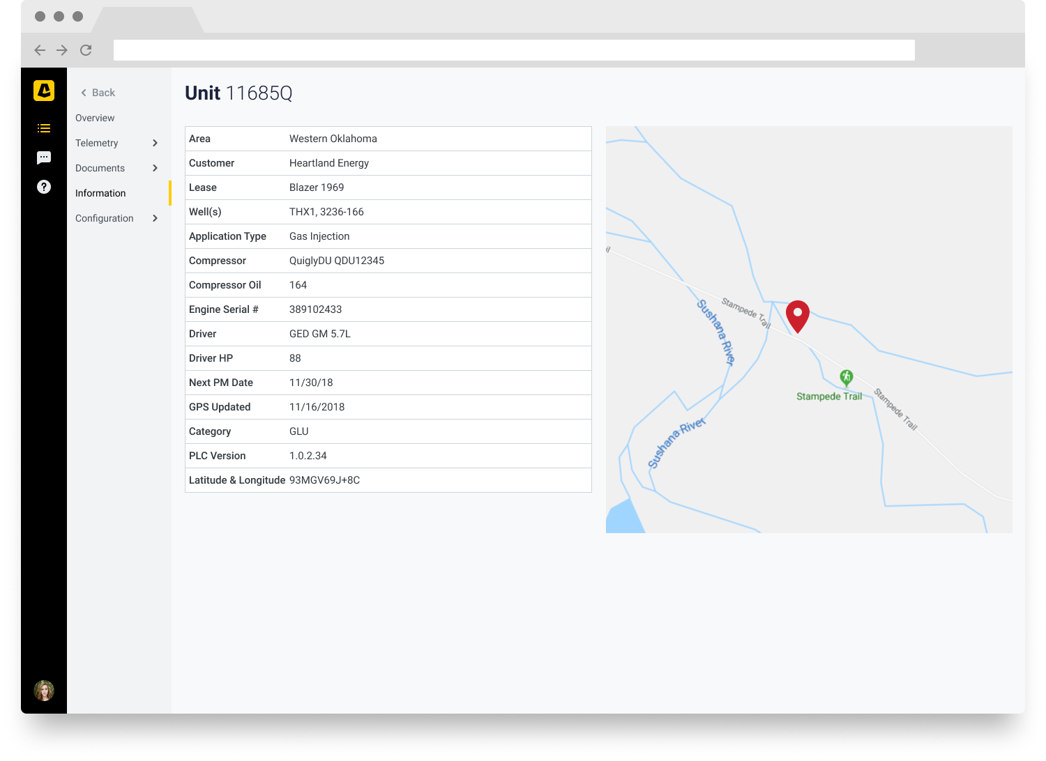 A screen showing a gas lift unit's information.